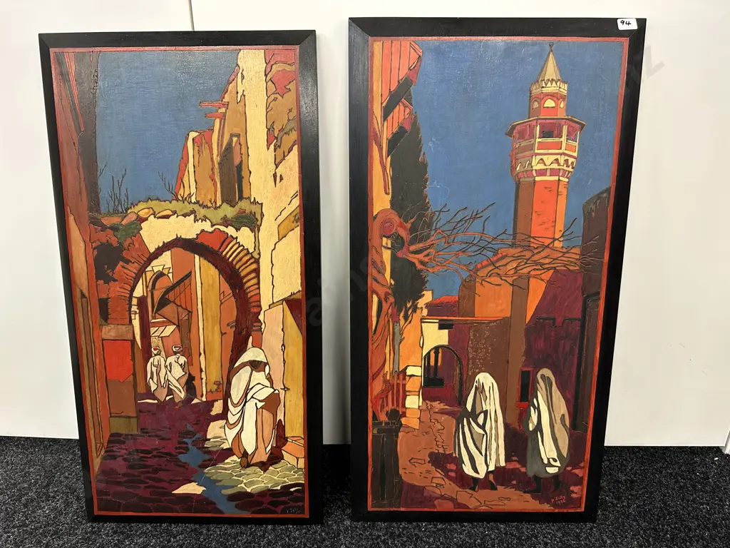 Pair of Large Wooden Handpainted & Incised Panels, Middle eastern Scenes, 66 x 35cm Image 1++