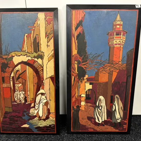 Pair of Large Wooden Handpainted & Incised Panels, Middle eastern Scenes, 66 x 35cm