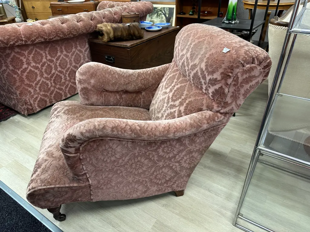 Antique Single Armchair. Original castors, plush pink pattern fabric. Button detail Image 1++