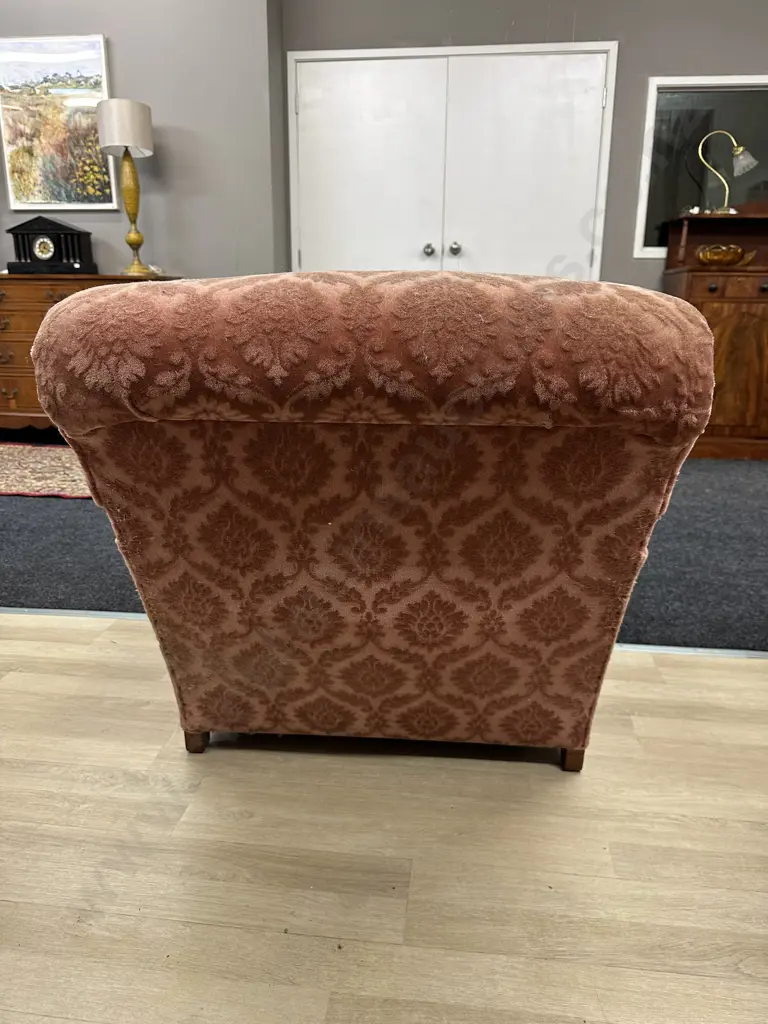 Antique Single Armchair. Original castors, plush pink pattern fabric. Button detail Image 1++