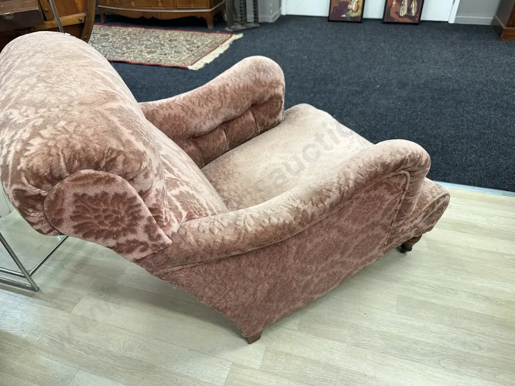 Antique Single Armchair. Original castors, plush pink pattern fabric. Button detail Image 1++