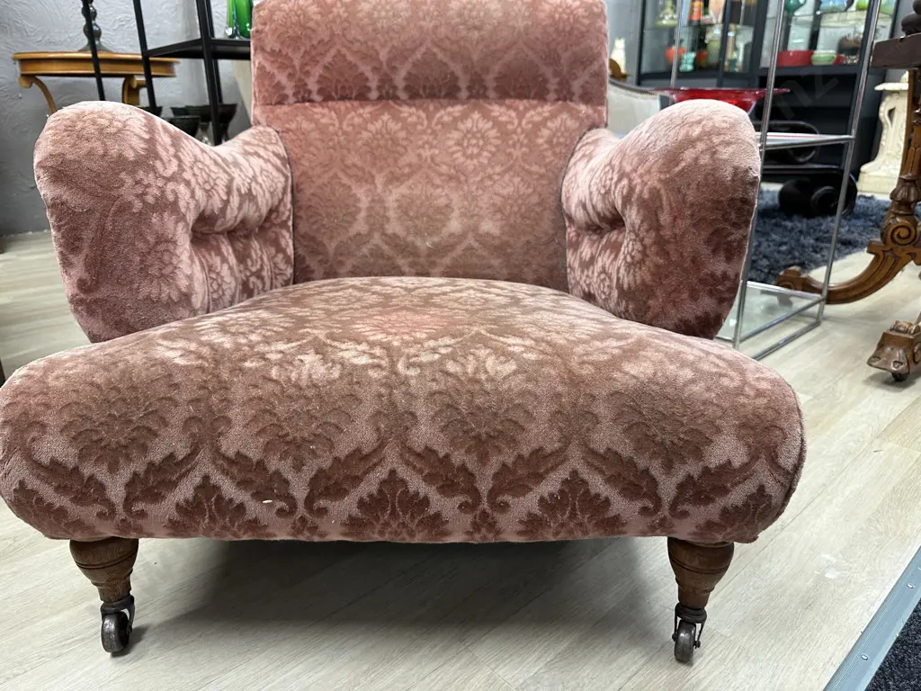 Antique Single Armchair. Original castors, plush pink pattern fabric. Button detail Image 1++