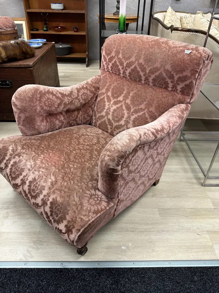Antique Single Armchair. Original castors, plush pink pattern fabric. Button detail Image 1++
