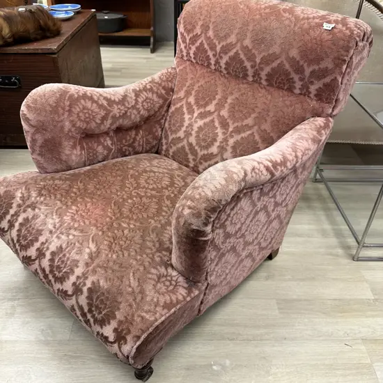 Antique Single Armchair. Original castors, plush pink pattern fabric. Button detail