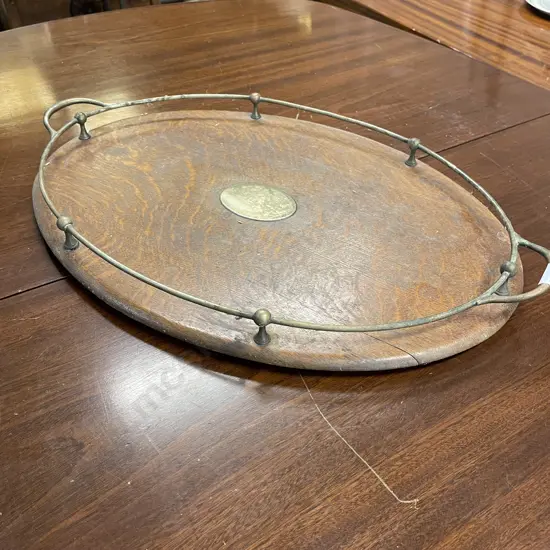 Stunning Antique large Oak 2 handled Oval Tray with silver plate trim. 63 x 42cm