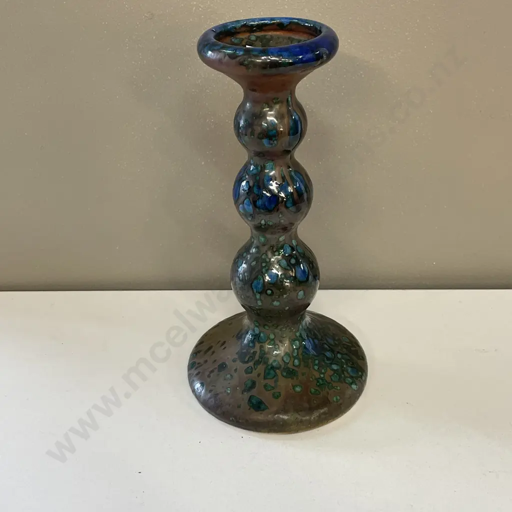 Art Nouveau Art Pottery Candlestick. Drizzle glaze with brown, teal and blue tones. H27cm Image 1++