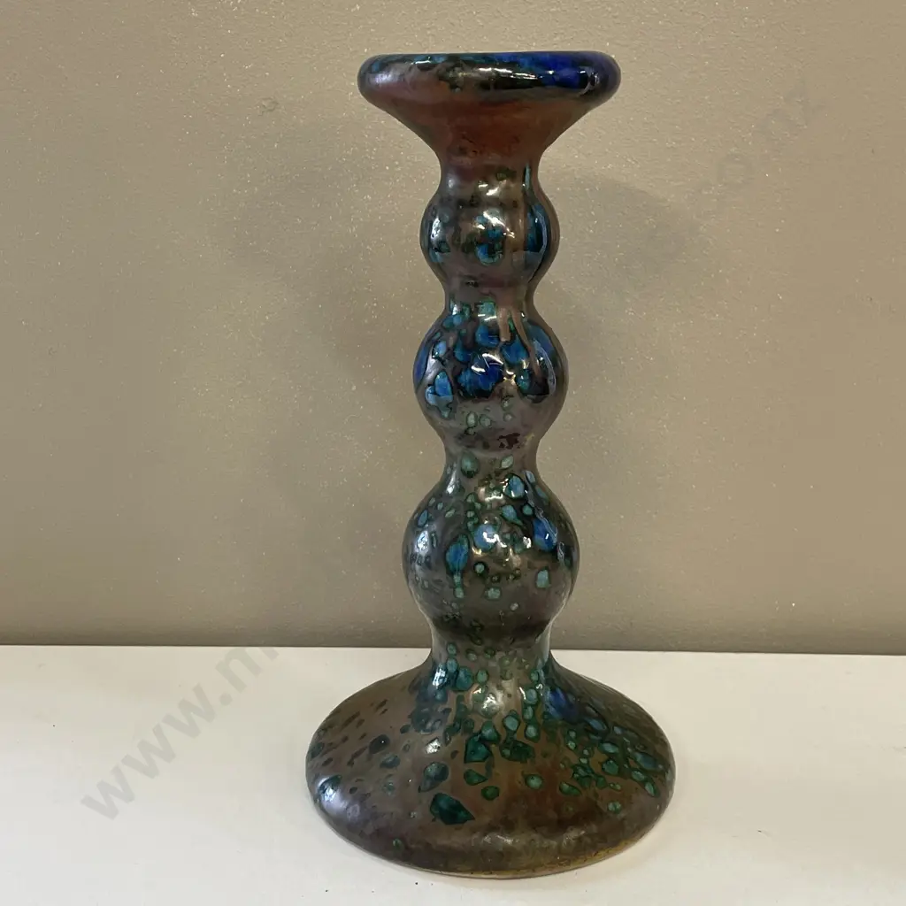 Art Nouveau Art Pottery Candlestick. Drizzle glaze with brown, teal and blue tones. H27cm Image 1++