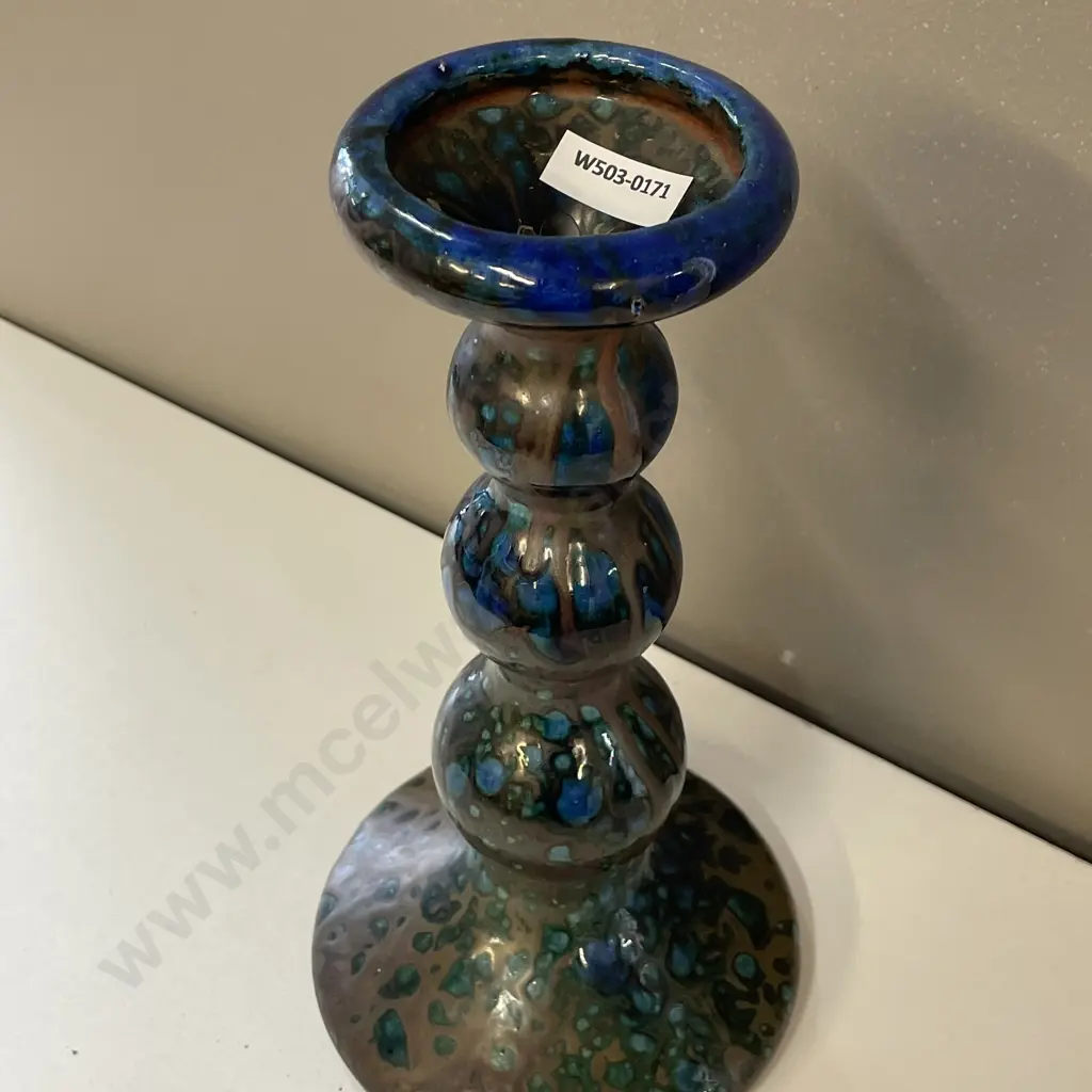 Art Nouveau Art Pottery Candlestick. Drizzle glaze with brown, teal and blue tones. H27cm Image 1++
