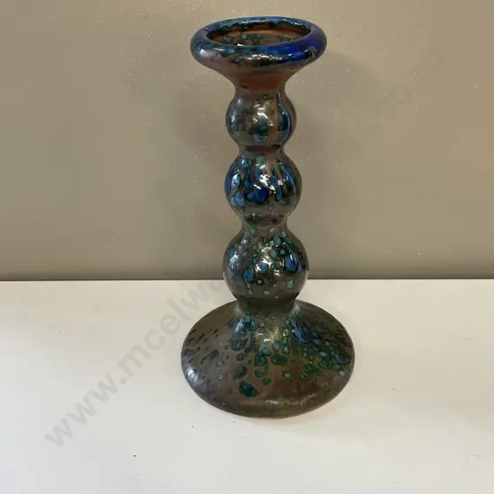 Art Nouveau Art Pottery Candlestick. Drizzle glaze with brown, teal and blue tones. H27cm