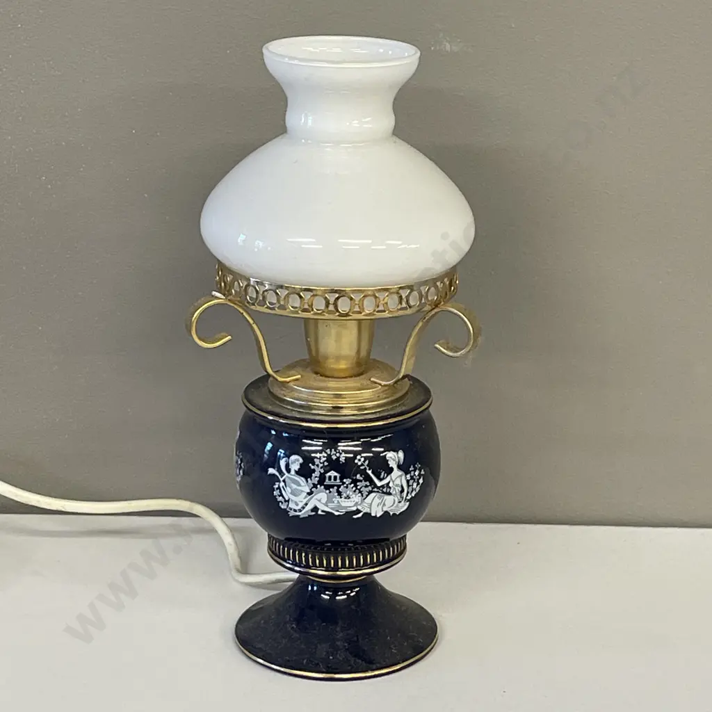 Italian Table Lamp. Lovers Scene on cobalt blue ground. White Glass shade. Image 1++