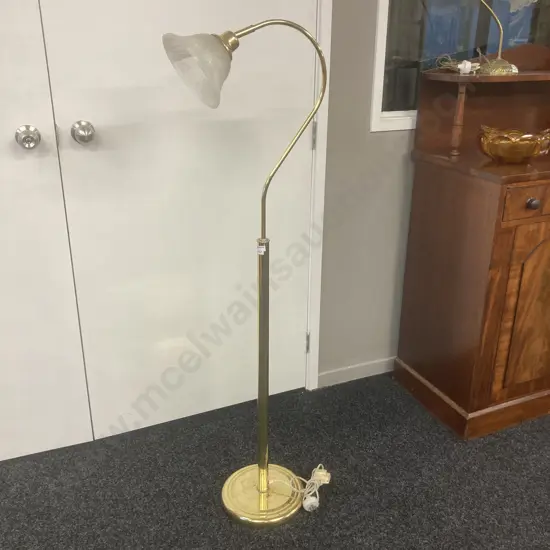 Vintage Hook Style Brass Standard Lamp with frosted swirl glass shade. H137cm