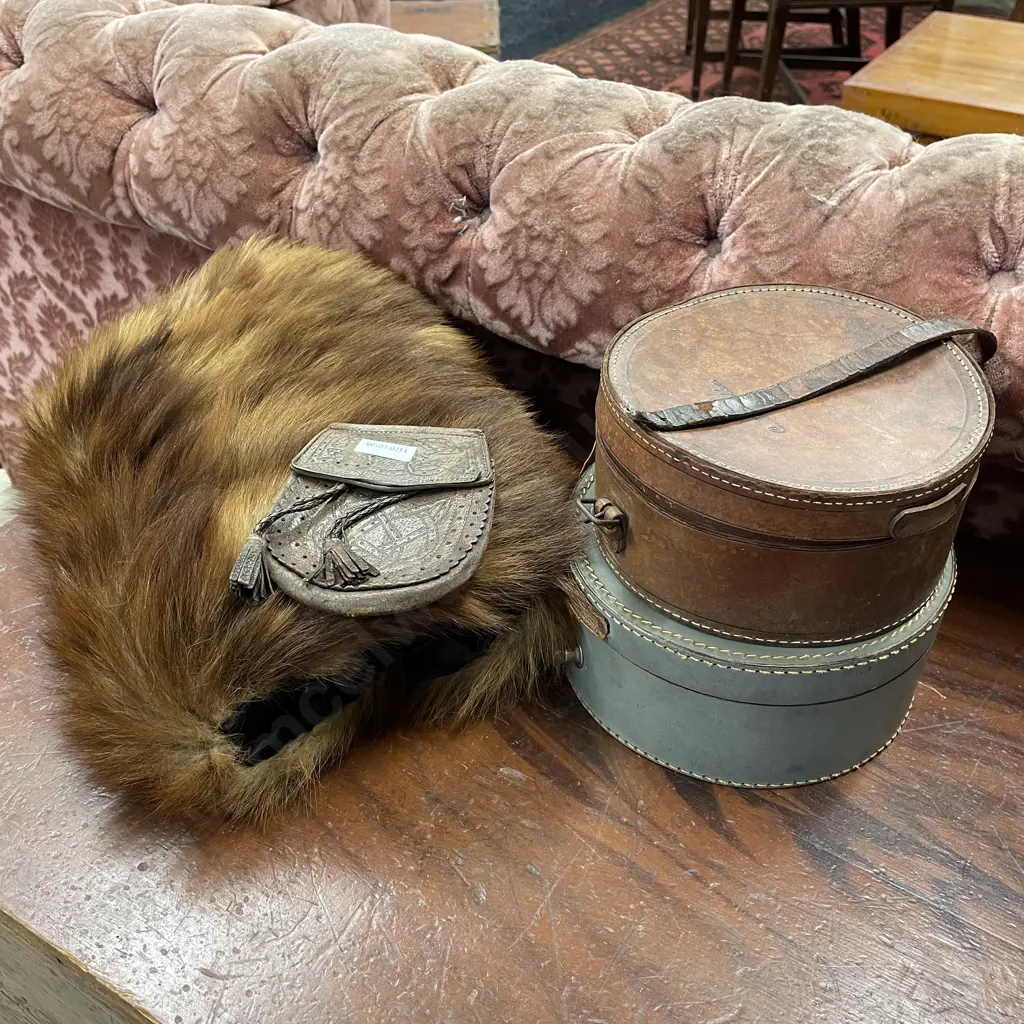 Fur hand stole, Antique Leather coin purse, two hat boxes with assorted sewing items Image 1++