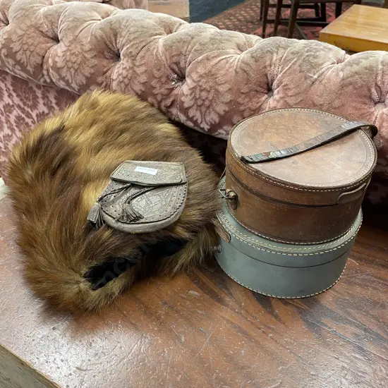 Fur hand stole, Antique Leather coin purse, two hat boxes with assorted sewing items