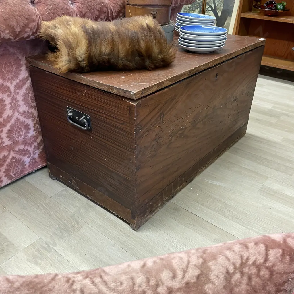 Vintage Large Wooden Chest. Cast handles. H52 W94 D50cm Image 1++