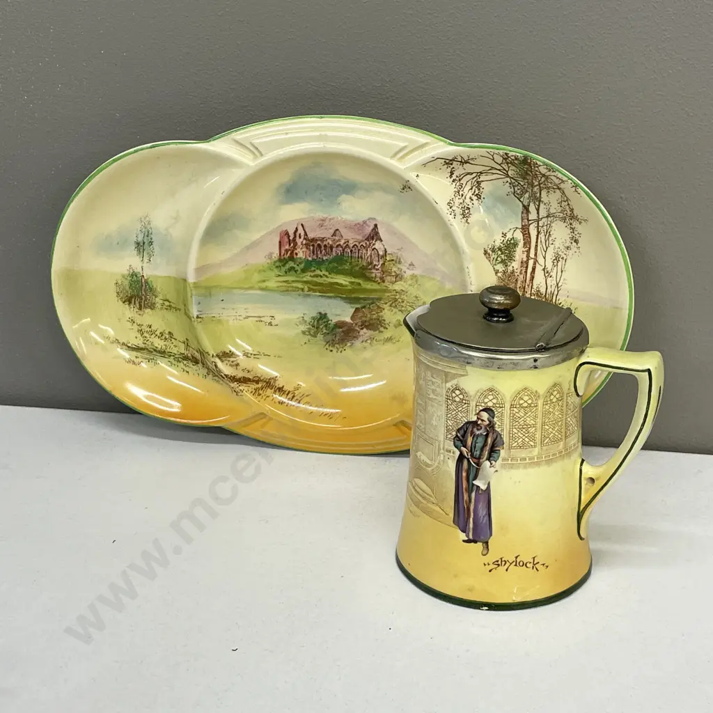 Royal Doulton segmented Abbey/Castle dish with Shylock jug with silver plated lid Image 1++