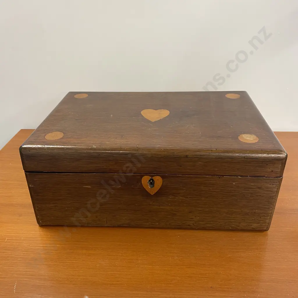 Antique Mahogany Box with inlaid heart and circle detail. 30 x 20cm H12cm Image 1++