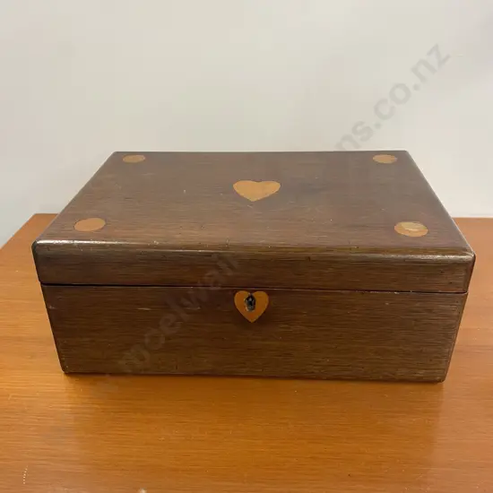 Antique Mahogany Box with inlaid heart and circle detail. 30 x 20cm H12cm