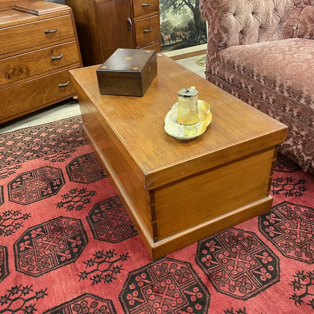 Vintage Solid Kauri Blanket Box. Lift up lid. H42 W104 D56cm Image 1++