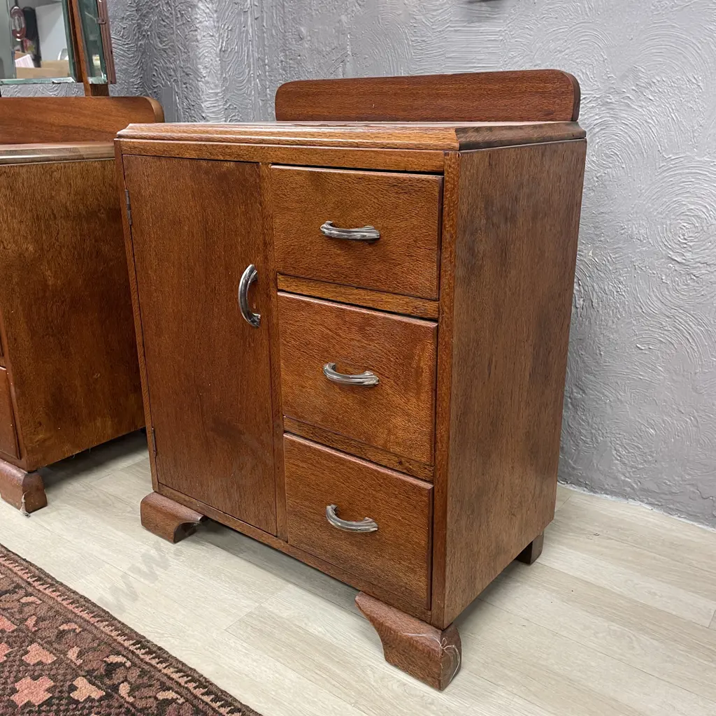 Vintage Maple Bedside Cabinet. Single door, 3 drawer, bakelite handles. H77 W61 D36cm Image 1++