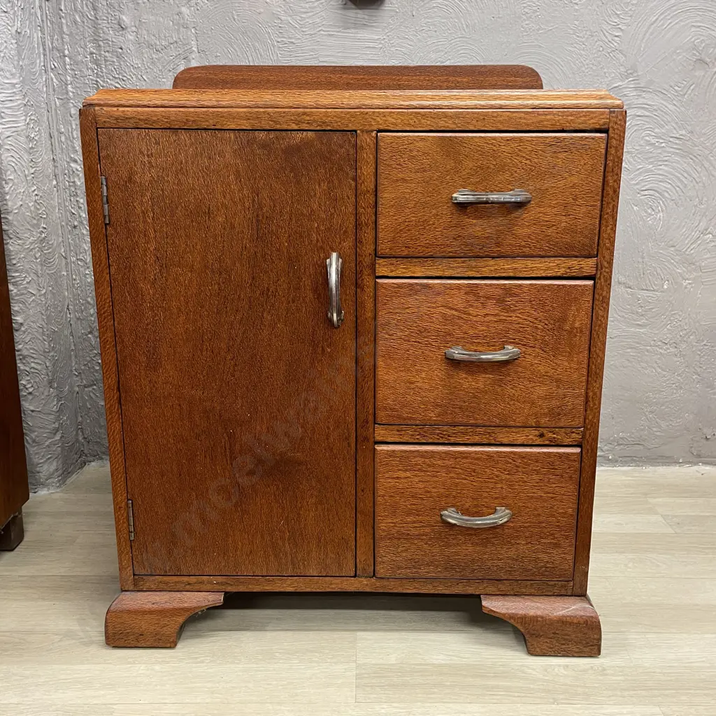 Vintage Maple Bedside Cabinet. Single door, 3 drawer, bakelite handles. H77 W61 D36cm Image 1++