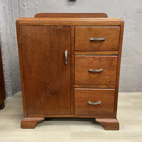 Vintage Maple Bedside Cabinet. Single door, 3 drawer, bakelite handles. H77 W61 D36cm
