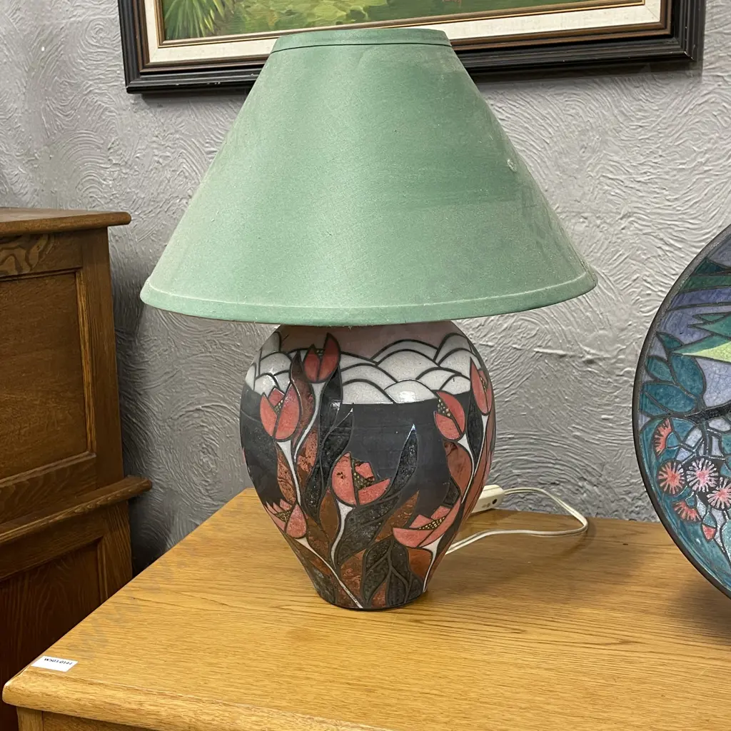 Stunning Lynda Harris Bulbous Art Pottery Table Lamp with fabric shade Image 1++
