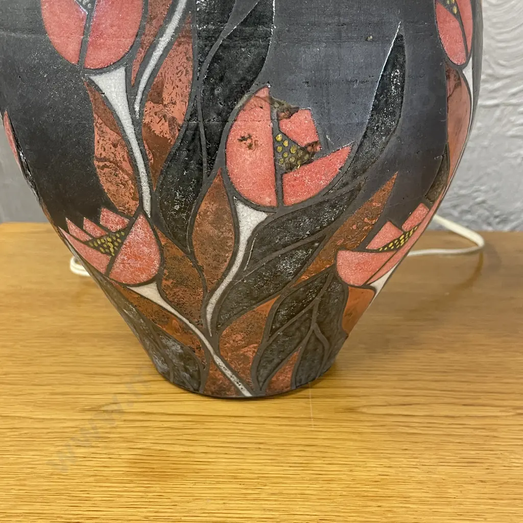 Stunning Lynda Harris Bulbous Art Pottery Table Lamp with fabric shade Image 1++