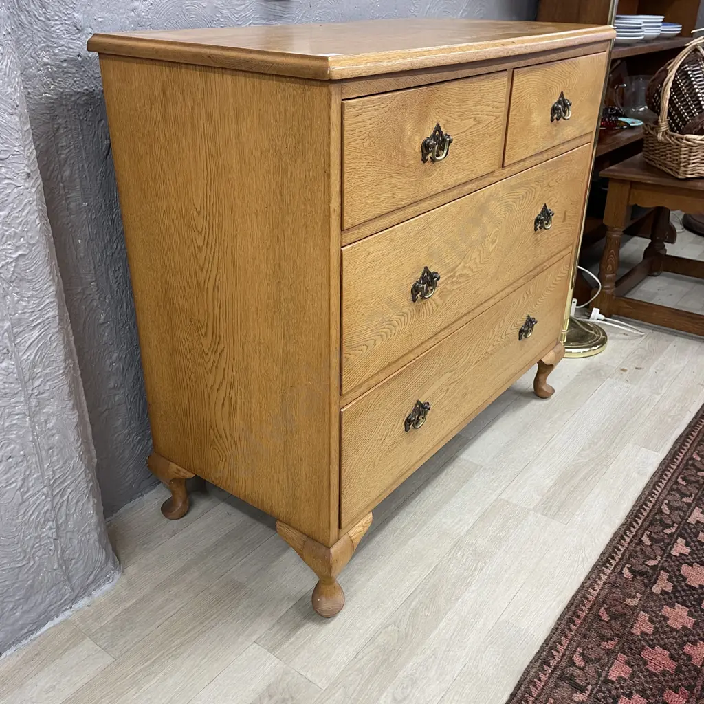 Vintage Solid Blonde Oak 4 Drawer Chest. Art Nouveau handles. H86 W91 D44cm Image 1++