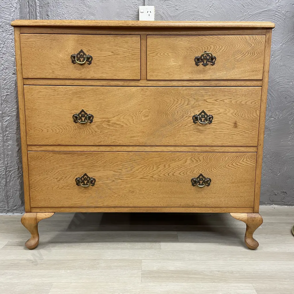 Vintage Solid Blonde Oak 4 Drawer Chest. Art Nouveau handles. H86 W91 D44cm Image 1++