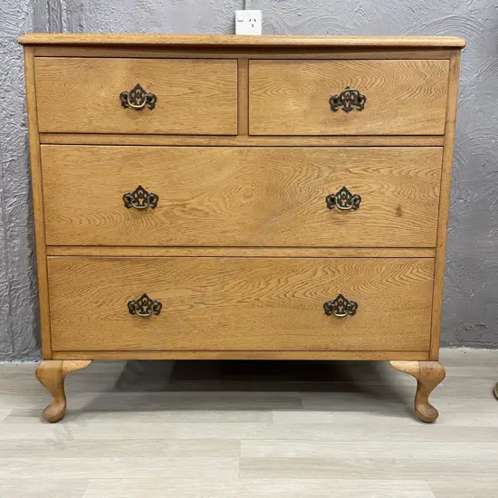 Vintage Solid Blonde Oak 4 Drawer Chest. Art Nouveau handles. H86 W91 D44cm