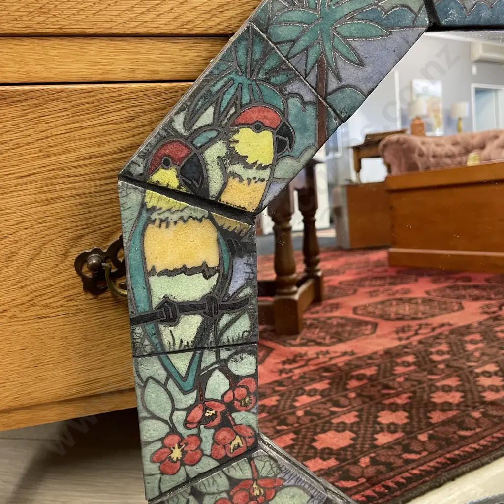 Funky Lynda Harris wall hung Mirror. Tiled handpainted bird and leaves border, 8 sided. Dia50cm Image 1++