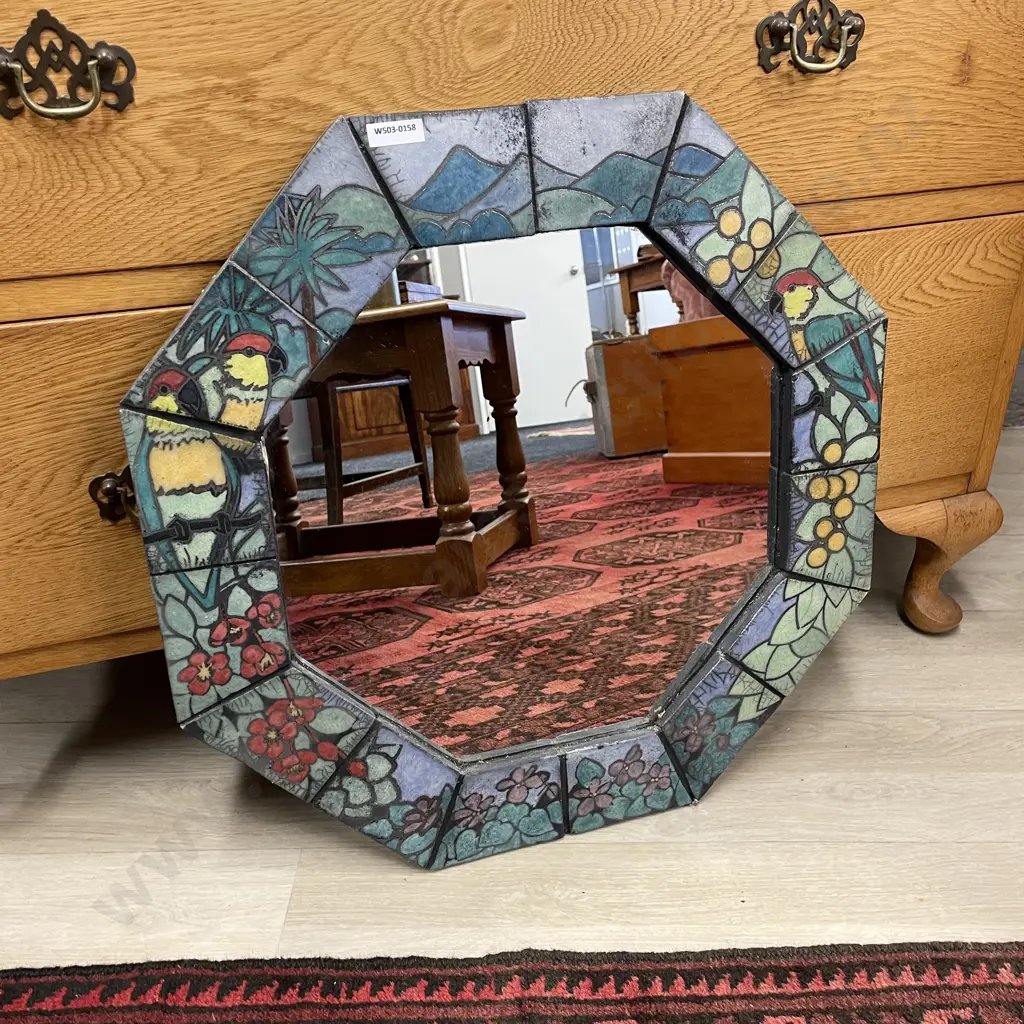 Funky Lynda Harris wall hung Mirror. Tiled handpainted bird and leaves border, 8 sided. Dia50cm Image 1++