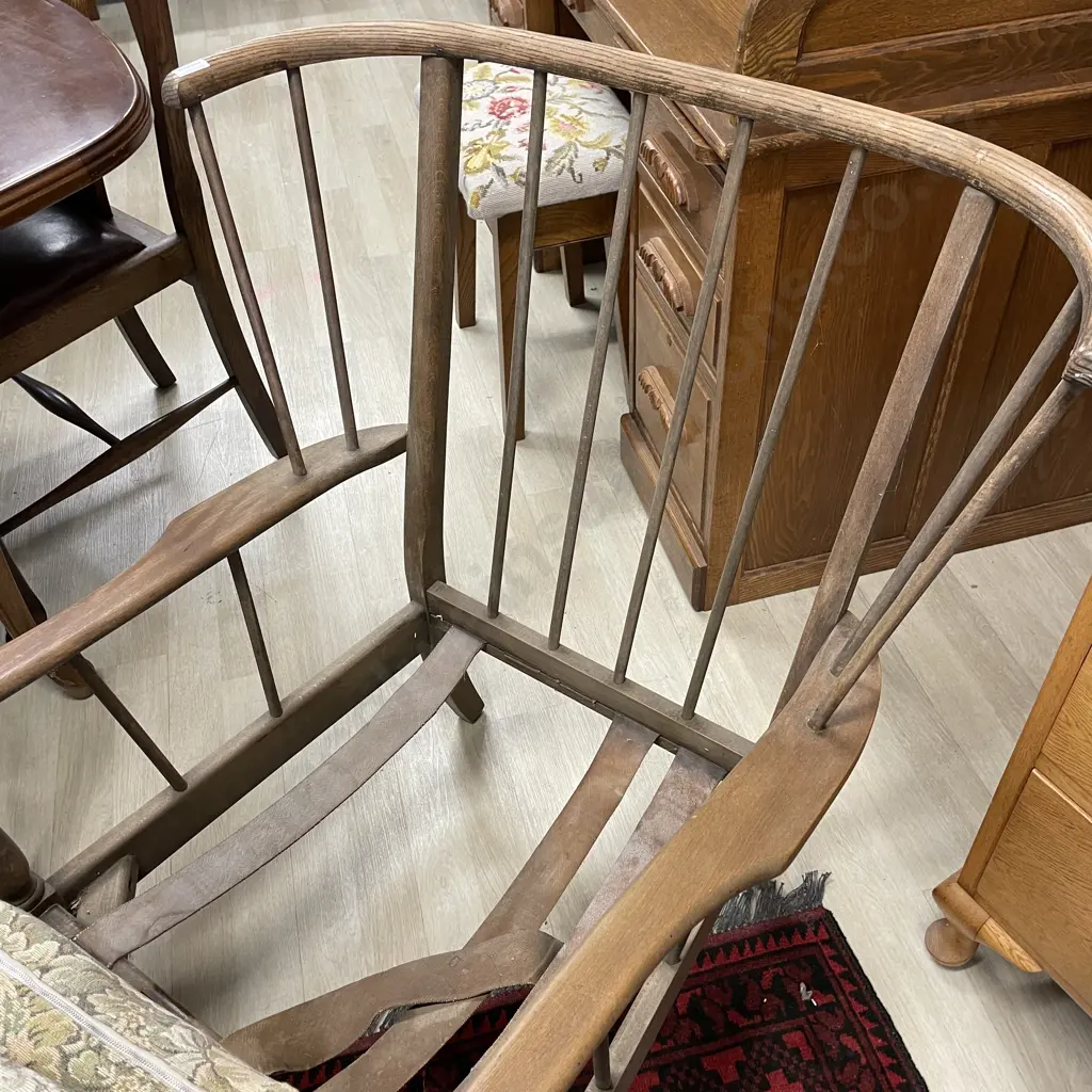 Antique Spindle Wing Back Armchair with fabric squabs Image 1++