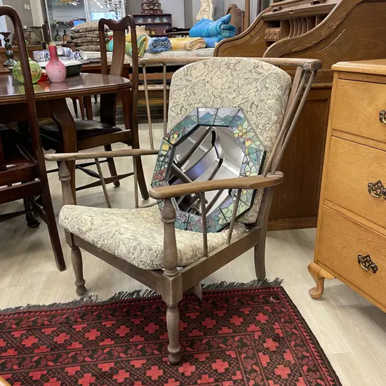 Antique Spindle Wing Back Armchair with fabric squabs