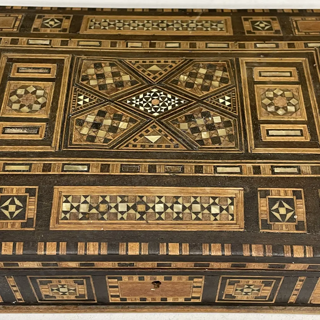 Antique ornate inlaid Box with mother of pearl detail. 28.5 x 17.5cm H7cm Image 1++