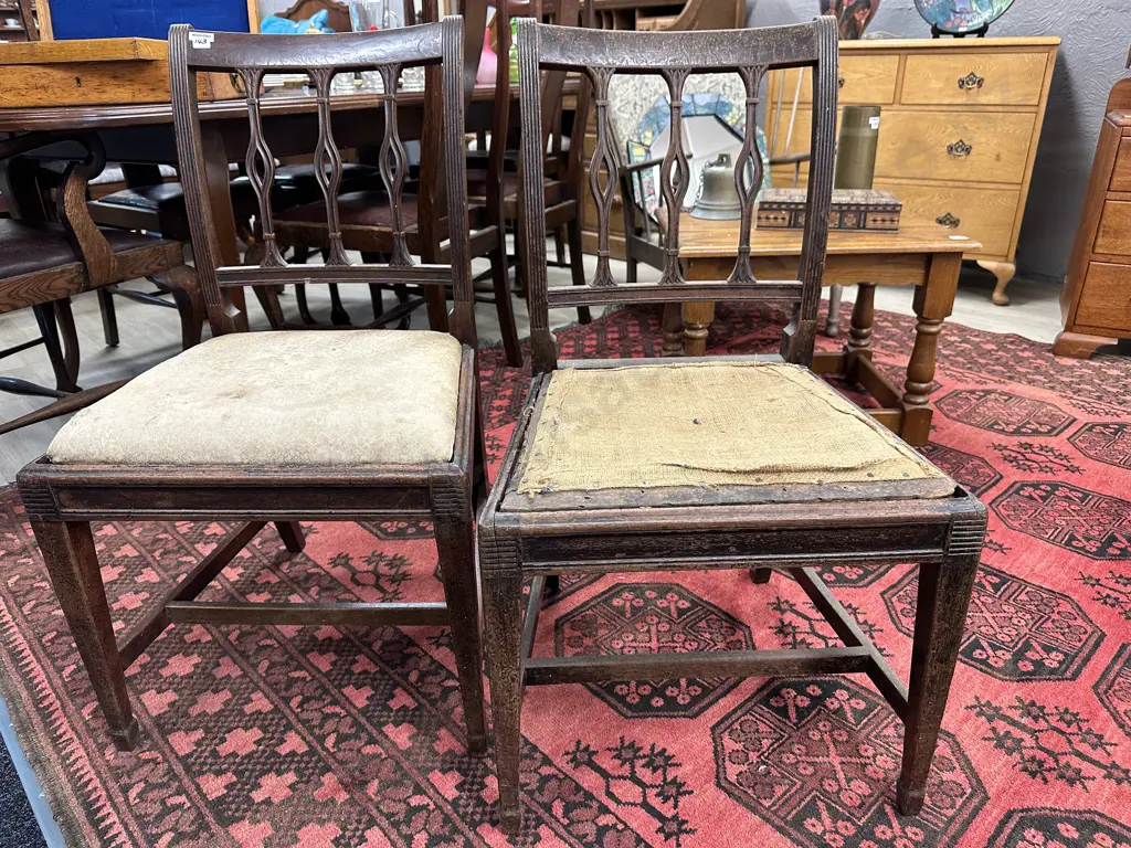 Pair of Antique Mahogany Chairs, Carved Detail, Spade Legs (1 x Needs Upholstery) Image 1++