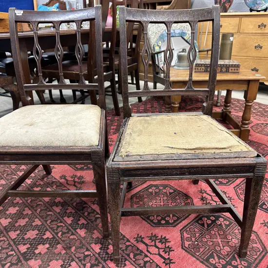 Pair of Antique Mahogany Chairs, Carved Detail, Spade Legs (1 x Needs Upholstery)