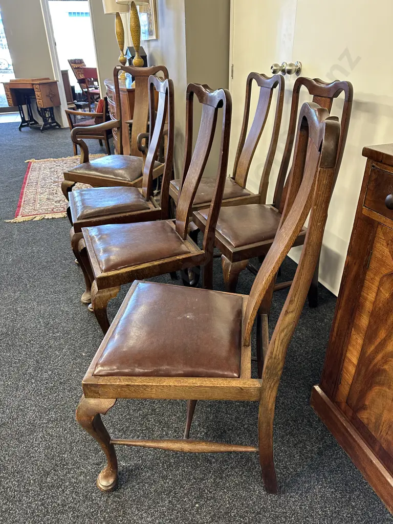 Set of 6 Antique Queen Anne high back Dining Chairs. One carver with 5 chairs. Vinyl seats Image 1++