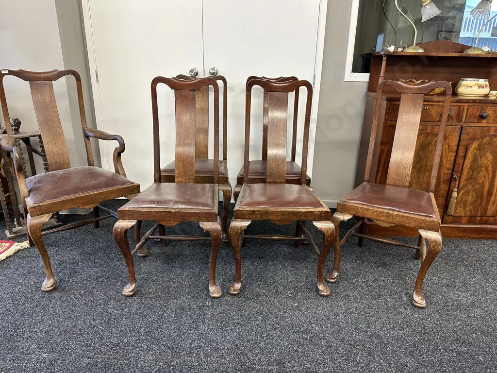 Set of 6 Antique Queen Anne high back Dining Chairs. One carver with 5 chairs. Vinyl seats Image 1++
