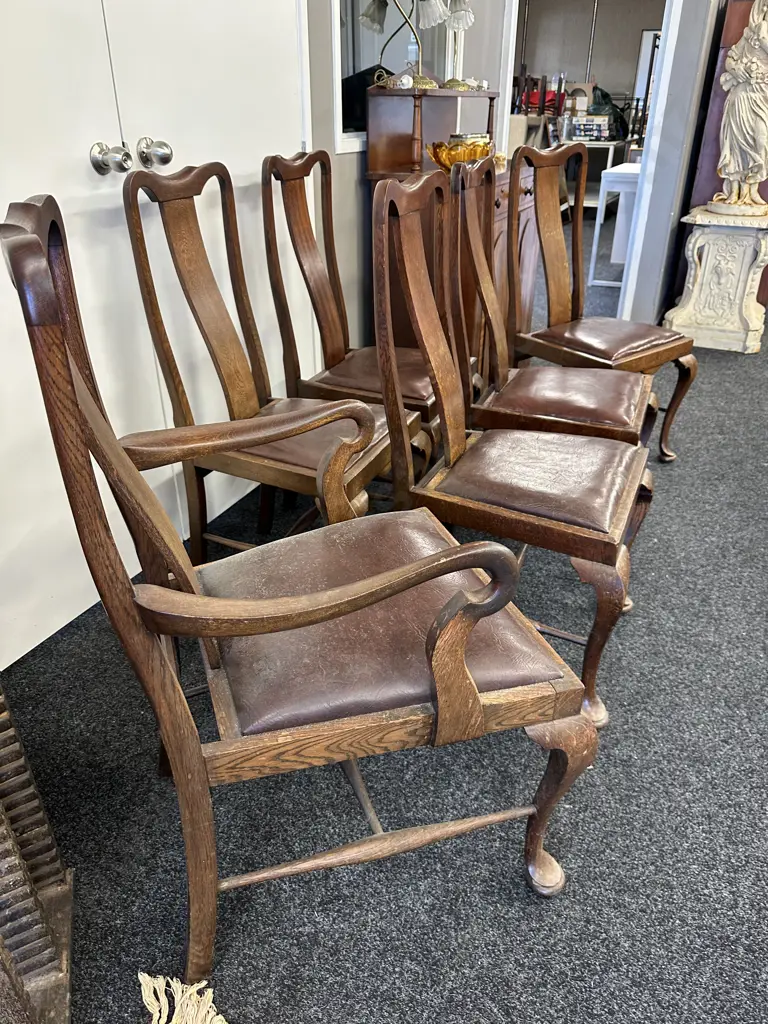 Set of 6 Antique Queen Anne high back Dining Chairs. One carver with 5 chairs. Vinyl seats Image 1++