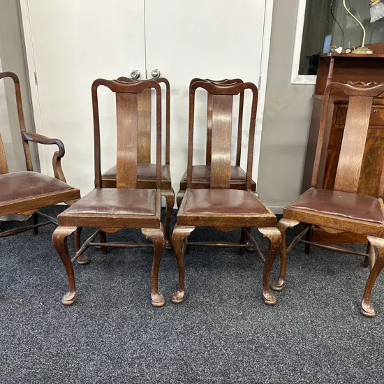 Set of 6 Antique Queen Anne high back Dining Chairs. One carver with 5 chairs. Vinyl seats