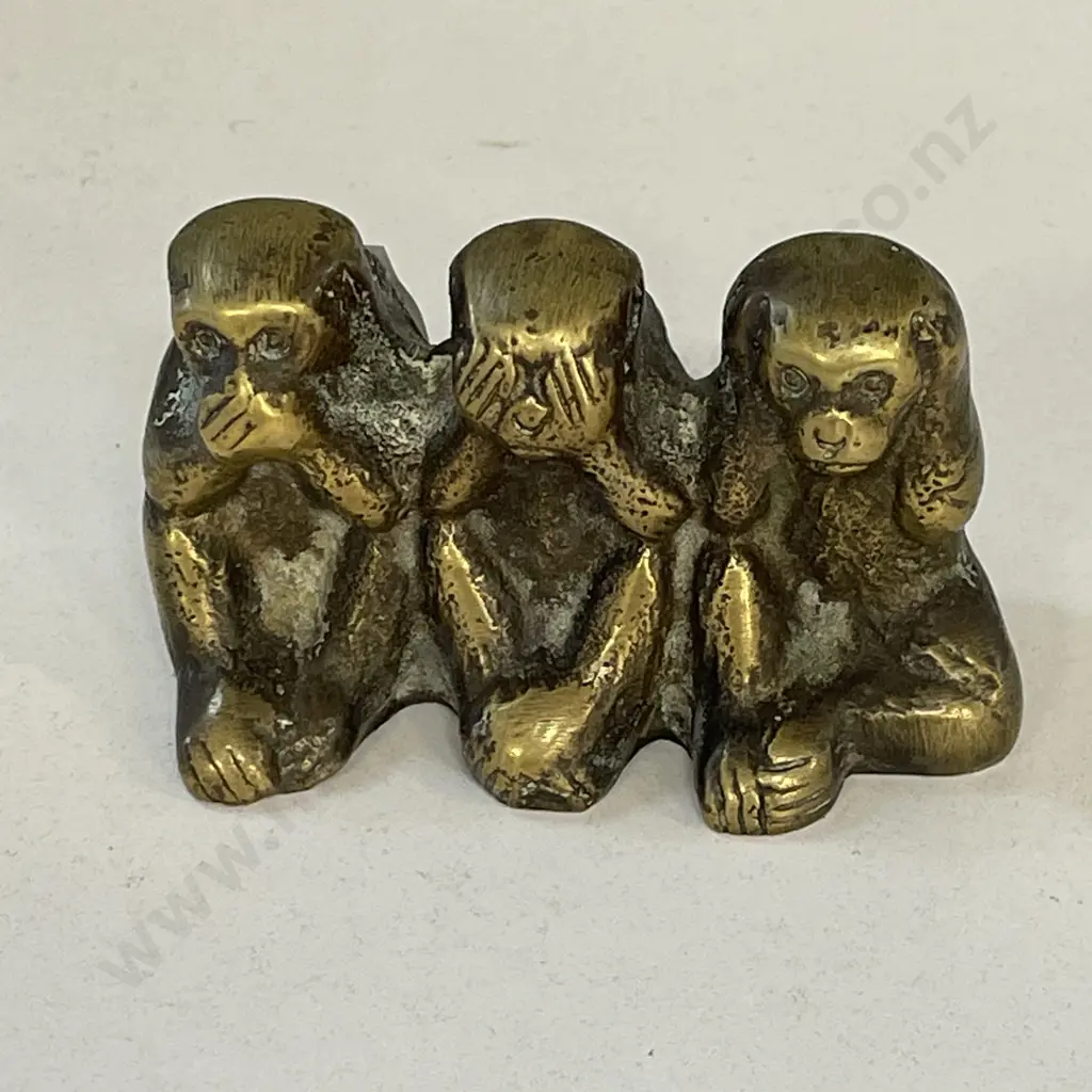 Vintage Solid Brass Monkey Ornament. "See, hear, speak no evil" Image 1++
