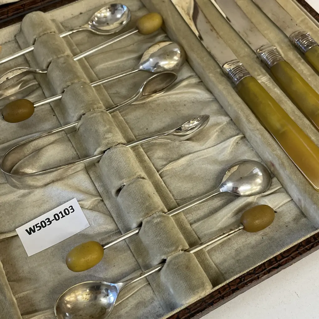 Vintage Boxed set of Celluloid Knives, coffee spoons and tongs Image 1++