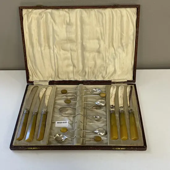 Vintage Boxed set of Celluloid Knives, coffee spoons and tongs