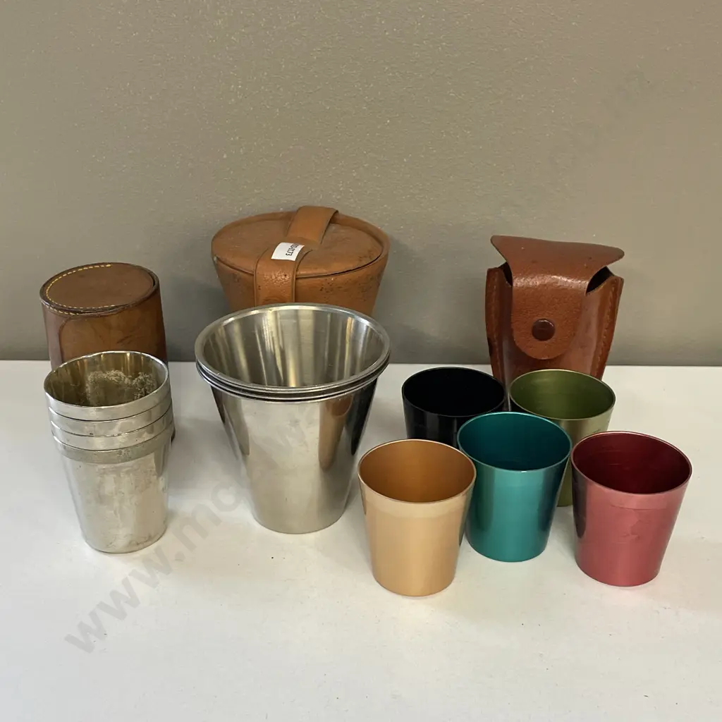 Three Vintage Anodised Travelling cup sets in leather cases Image 1++