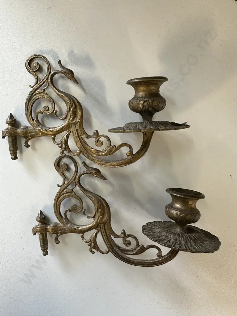 Pair Of Antique Art Nouveau Brass Candle Sconces with ornate bird detail Image 1++