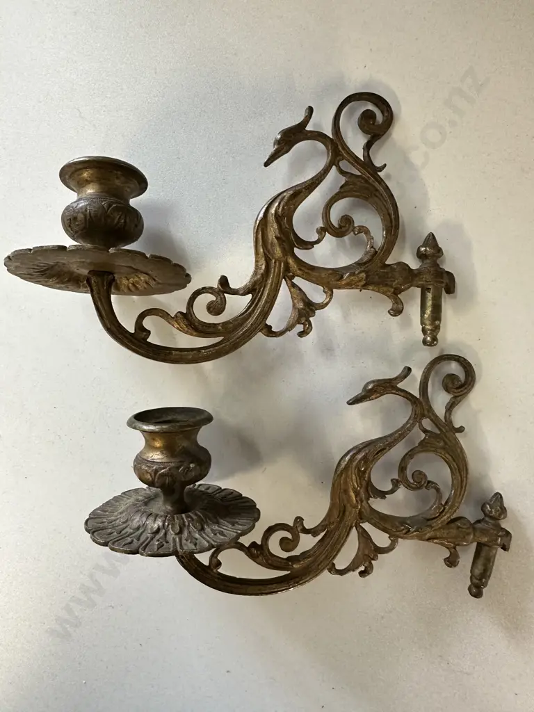 Pair Of Antique Art Nouveau Brass Candle Sconces with ornate bird detail Image 1++