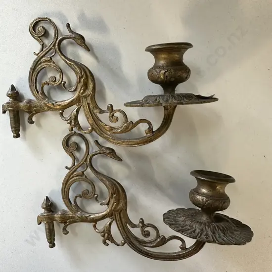 Pair Of Antique Art Nouveau Brass Candle Sconces with ornate bird detail