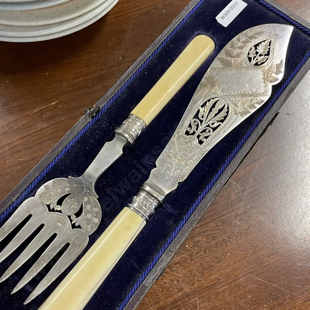 Antique Ornate Hallmarked Silver and Bone Handled Cake Knife and Fork. In box. Hallmarked as shown Image 1++