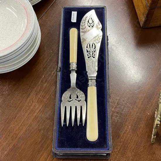 Antique Ornate Hallmarked Silver and Bone Handled Cake Knife and Fork. In box. Hallmarked as shown